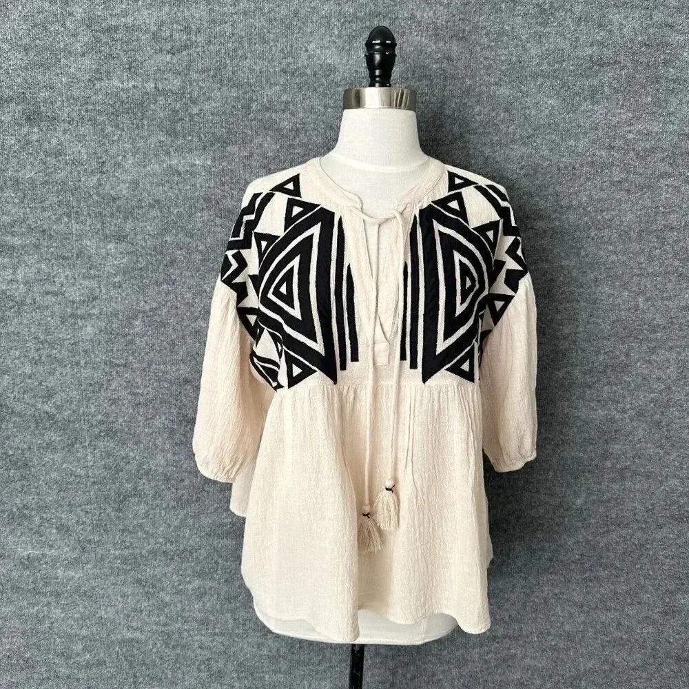 See And Be Seen Top Womens Small Cream Black Gauzy Geometric Peasant Boho Blouse - Picture 1 of 16
